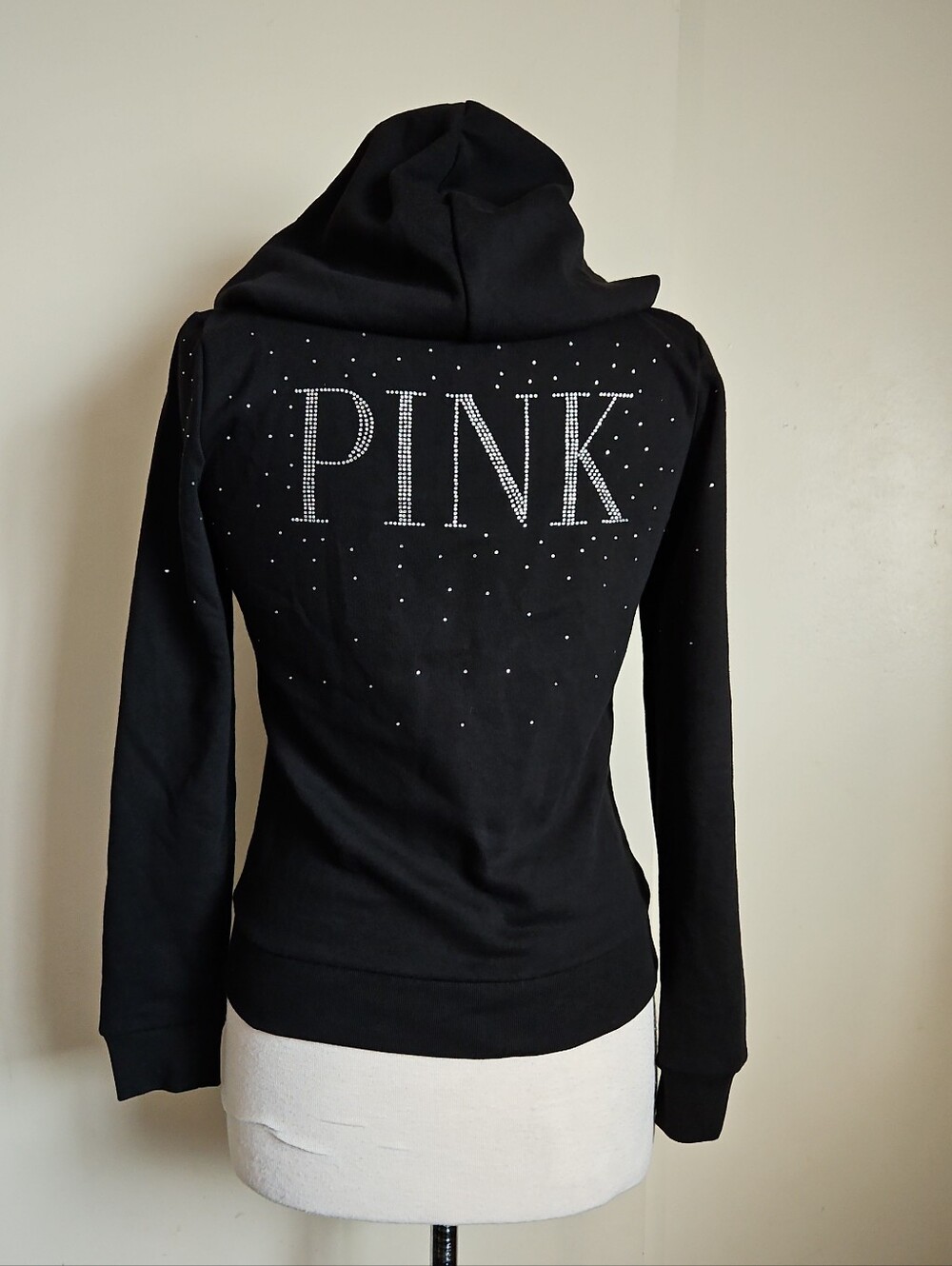 PINK Victoria's Secret Black Rhinestone Logo Everyday Zip-Up Hoodie Fleece Sz XS - Picture 4 of 14